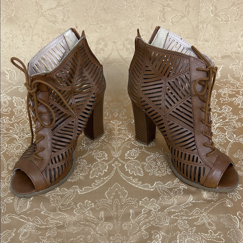 Mix No. 6 Brown Laser-Cut Lace-Up Peep-Toe Heeled Booties